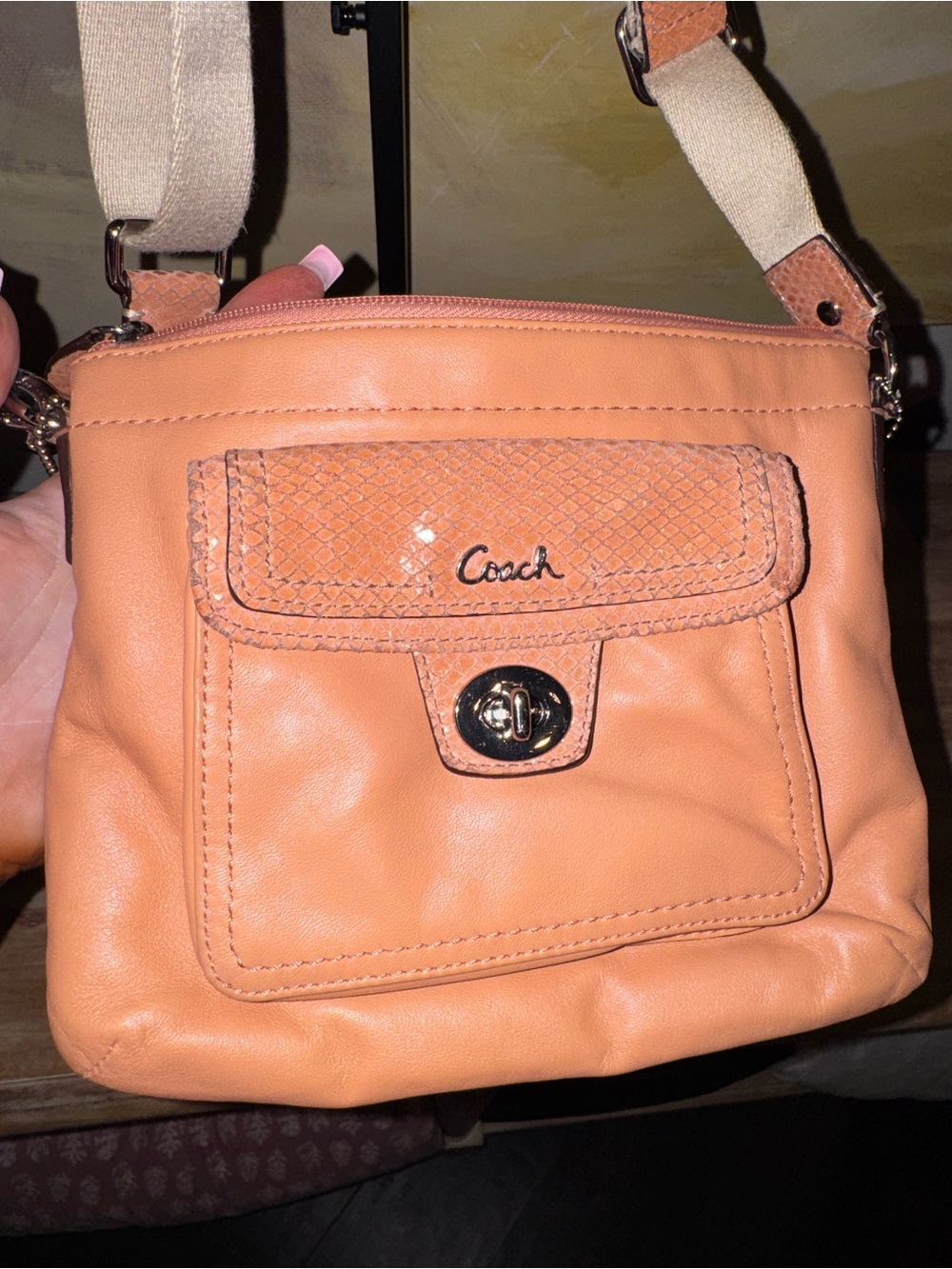 Coach Peach Leather Crossbody with Front Turn-Lock Pocket
